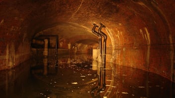 image of level of water in sewer, with light shining showing sewer pipes